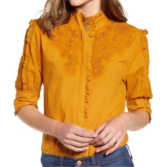 J. Crew Tops - J. Crew Embroidered Mock Neck Botton Front Blouse Gold Yellow XS